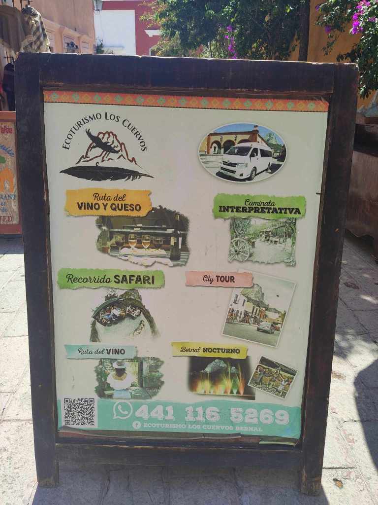Poster with tours offered in Bernal, Quertaro, Mexico.