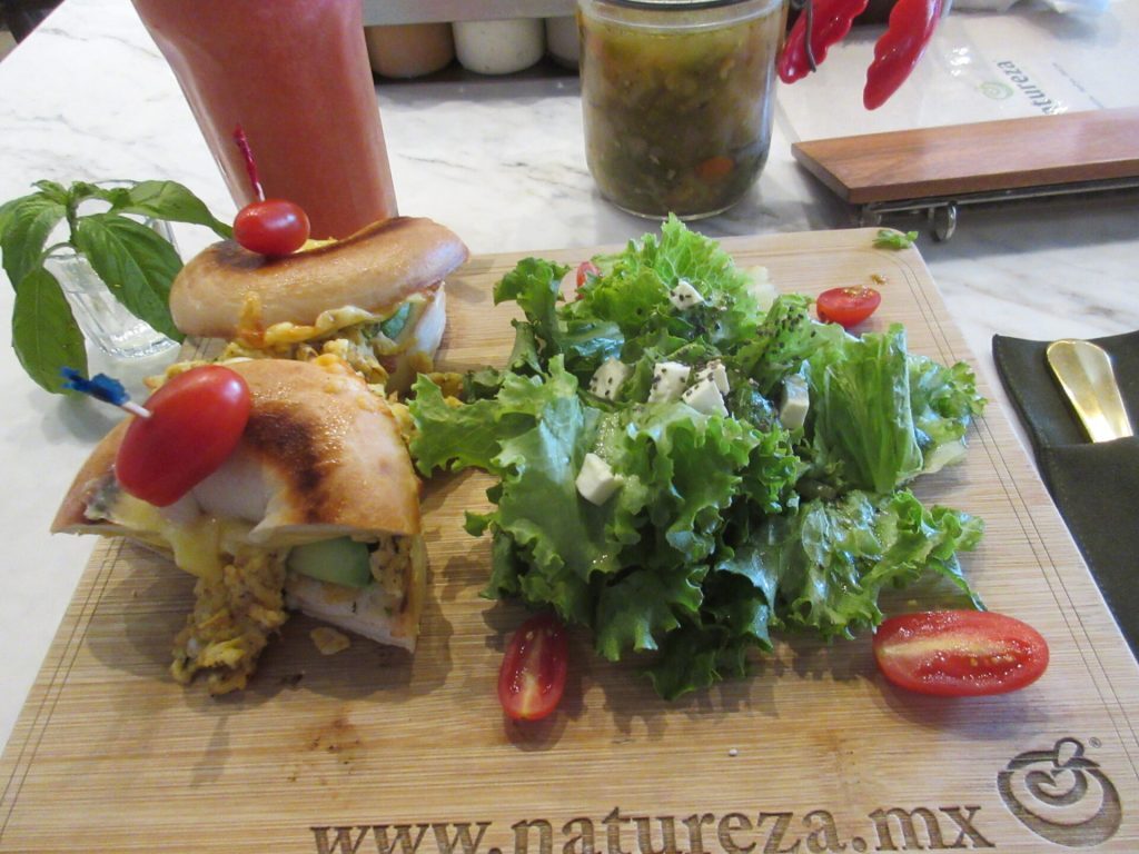 Meal at Natureza- bagel sandwich and salad