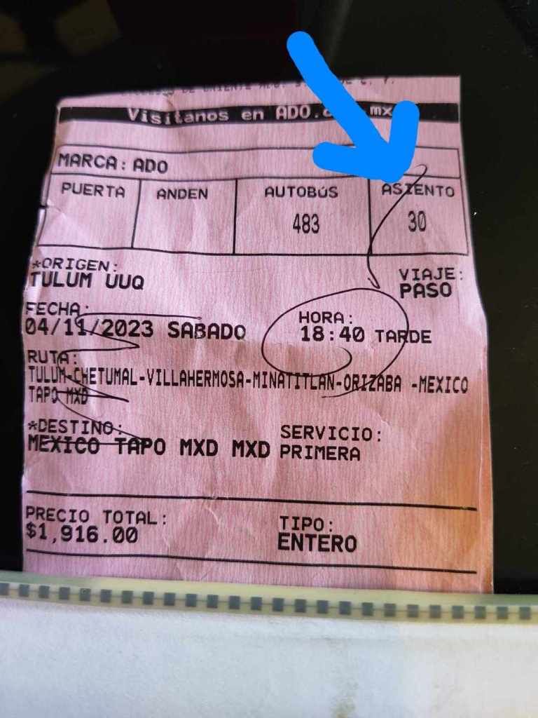 Bus ticket in Mexico showing your seat number