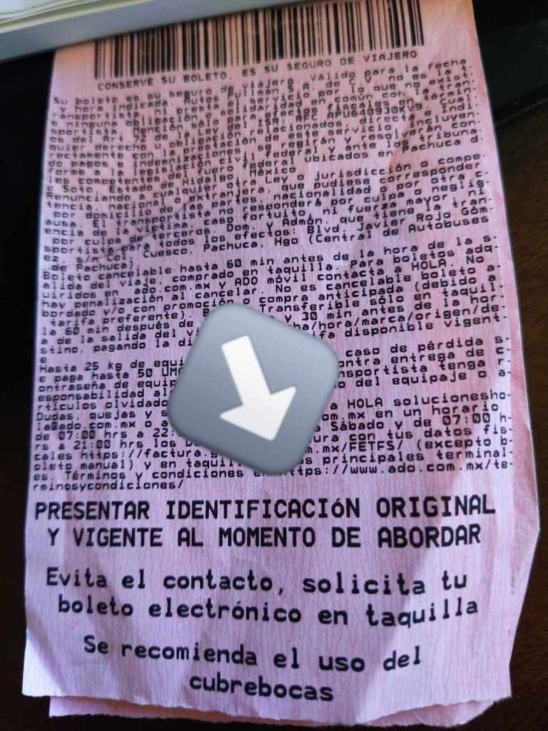 Bus ticket in Mexico that says that you must show ID before boarding the bus
