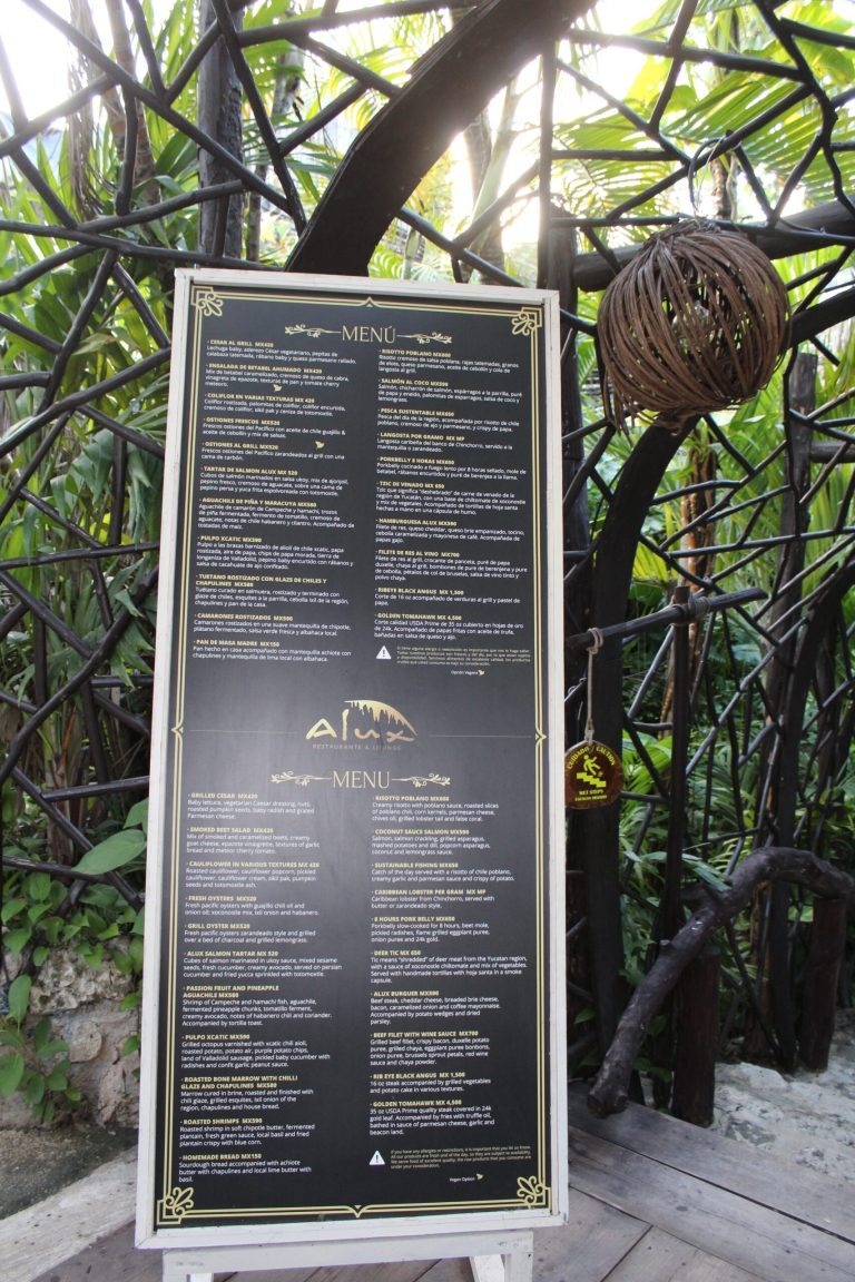 Menu for Alux Restaurant and Lounge above the cave