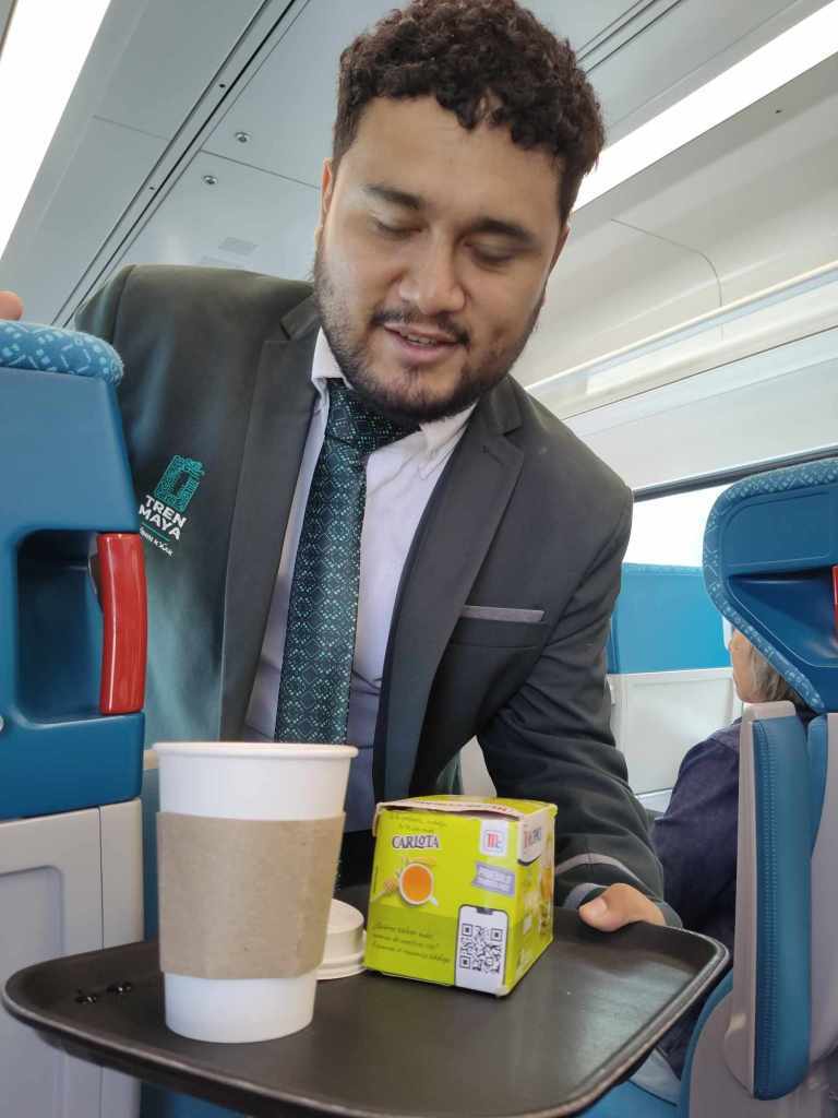 First Class service with complimentary tea or coffee on the Mayan Train